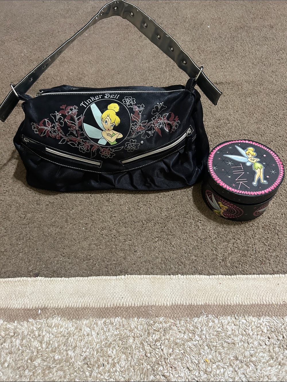 Tinker Bell Black Shoulder Bag with Silver Detail and jewelry box